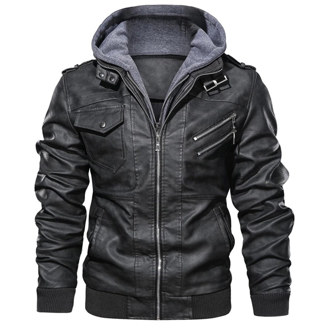 Men's Hooded Leather Jacket with Zip - Stylish, Durable, and Trendy Outerwear for All Seasons