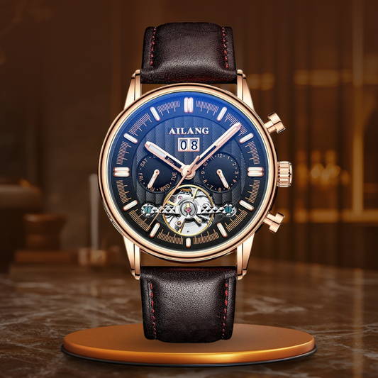 Luxury Automatic Tourbillon Watch with Brown Leather Strap – Water Resistant Timepiece with Weekly Calendar Display