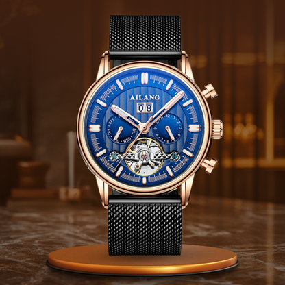 Luxury Automatic Tourbillon Watch with Brown Leather Strap – Water Resistant Timepiece with Weekly Calendar Display