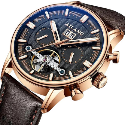 Luxury Automatic Tourbillon Watch with Brown Leather Strap – Water Resistant Timepiece with Weekly Calendar Display