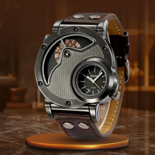 Luxury Dual Time Quartz Watch with Genuine Leather Strap – Water-Resistant and Shock-Resistant Design for Men 0