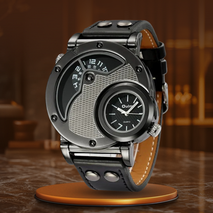 Luxury Dual Time Quartz Watch with Genuine Leather Strap – Water-Resistant and Shock-Resistant Design for Men 10