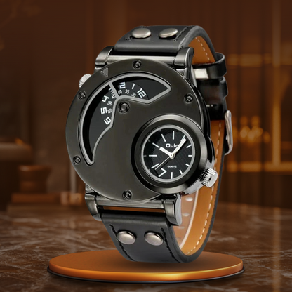 Luxury Dual Time Quartz Watch with Genuine Leather Strap – Water-Resistant and Shock-Resistant Design for Men 11
