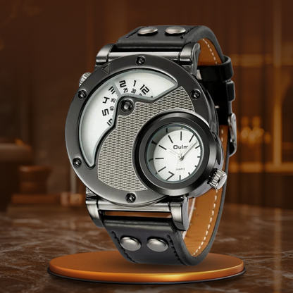 Luxury Dual Time Quartz Watch with Genuine Leather Strap – Water-Resistant and Shock-Resistant Design for Men 9