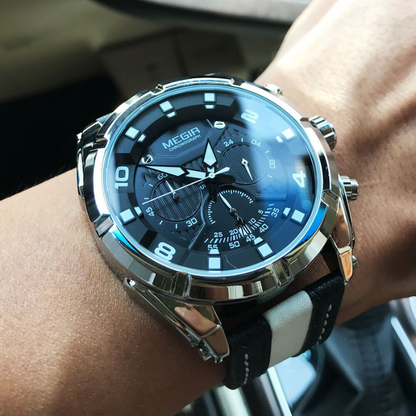 Luxury Military Chronograph Watch with Leather Strap – Quartz Movement, Water Resistant, Shock Resistant, Luminous Display 5
