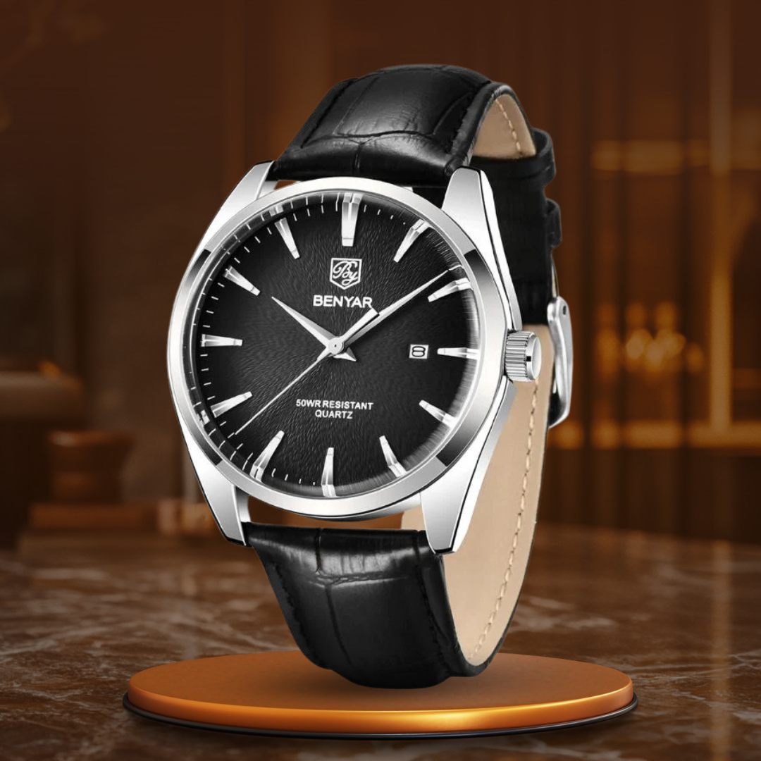 Luxury Quartz Business Watch with Genuine Leather Strap – Elegant Minimalist Design, Moisture Resistant, 41mm Dial