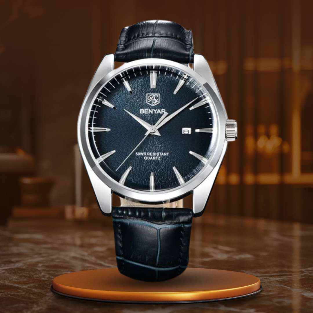 Luxury Quartz Business Watch with Genuine Leather Strap – Elegant Minimalist Design, Moisture Resistant, 41mm Dial