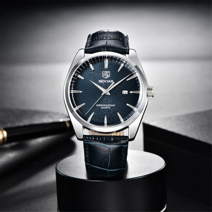 Luxury Quartz Business Watch with Genuine Leather Strap – Elegant Minimalist Design, Moisture Resistant, 41mm Dial