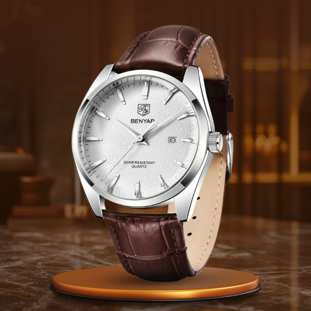 Luxury Quartz Business Watch with Genuine Leather Strap – Elegant Minimalist Design, Moisture Resistant, 41mm Dial