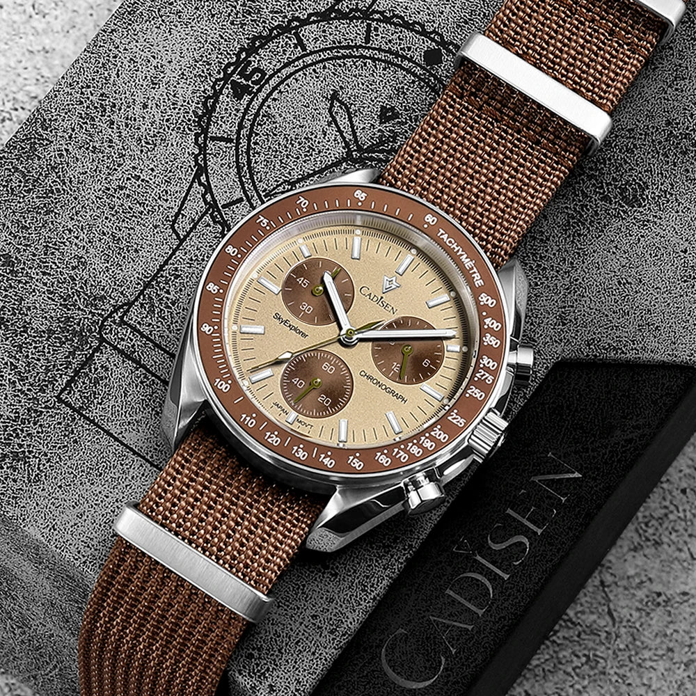 Luxury Quartz Men's Watch with Sapphire Crystal, Chronograph Function, Stainless Steel and Canvas Strap – 40mm, Water Resistant 50m