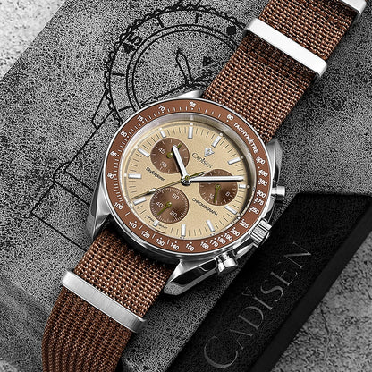 Luxury Quartz Men's Watch with Sapphire Crystal, Chronograph Function, Stainless Steel and Canvas Strap – 40mm, Water Resistant 50m