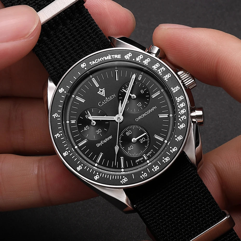 Luxury Quartz Men's Watch with Sapphire Crystal, Chronograph Function, Stainless Steel and Canvas Strap – 40mm, Water Resistant 50m