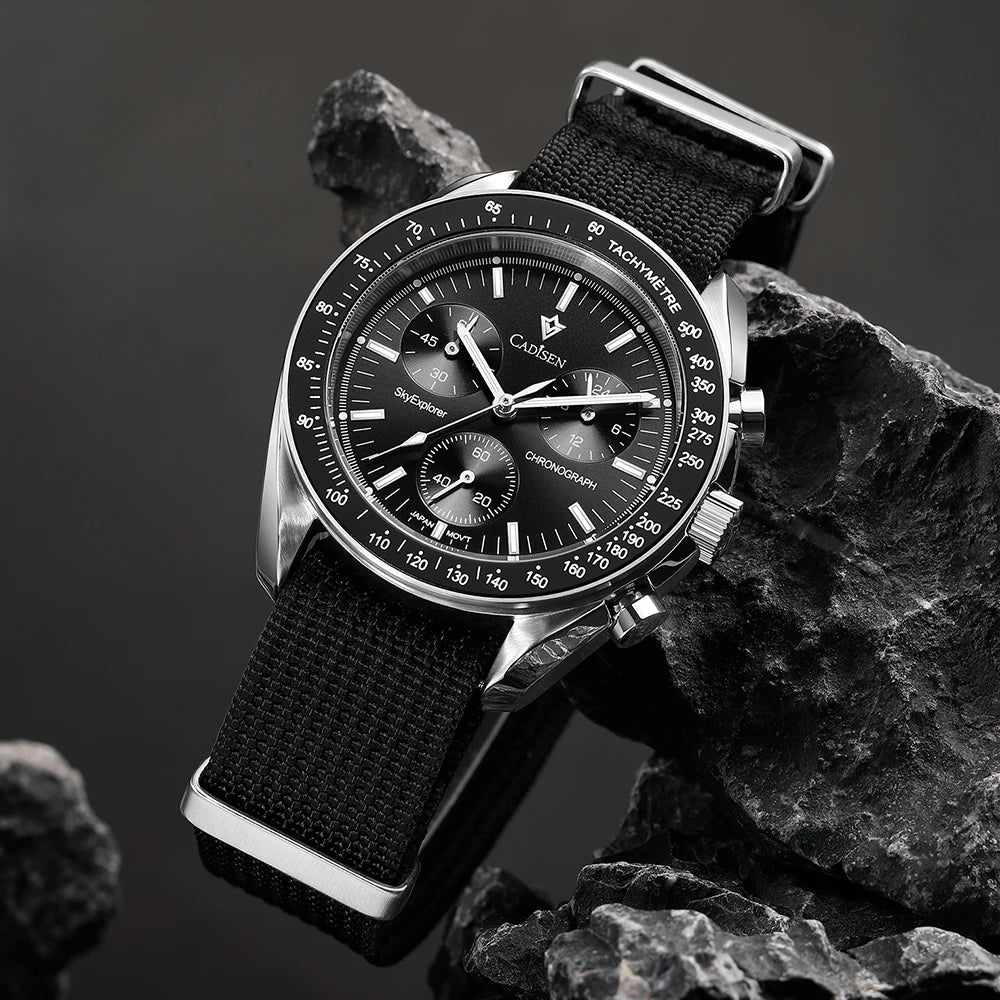 Luxury Quartz Men's Watch with Sapphire Crystal, Chronograph Function, Stainless Steel and Canvas Strap – 40mm, Water Resistant 50m
