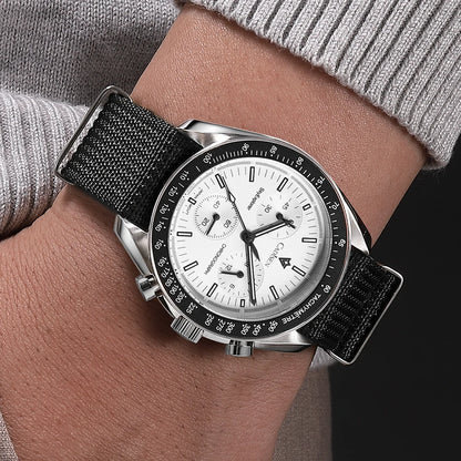 Luxury Quartz Men's Watch with Sapphire Crystal, Chronograph Function, Stainless Steel and Canvas Strap – 40mm, Water Resistant 50m