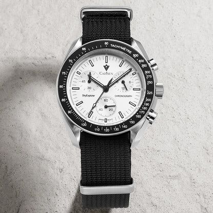 Luxury Quartz Men's Watch with Sapphire Crystal, Chronograph Function, Stainless Steel and Canvas Strap – 40mm, Water Resistant 50m