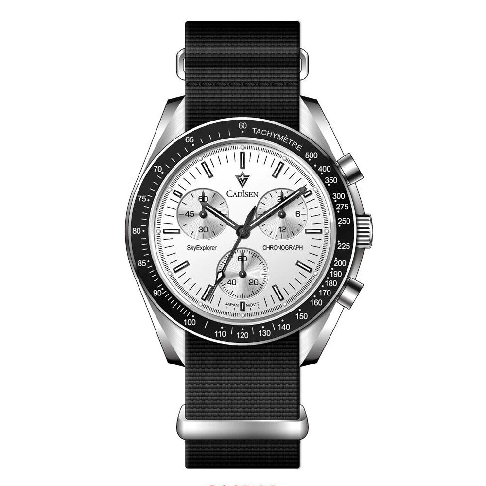 Luxury Quartz Men's Watch with Sapphire Crystal, Chronograph Function, Stainless Steel and Canvas Strap – 40mm, Water Resistant 50m