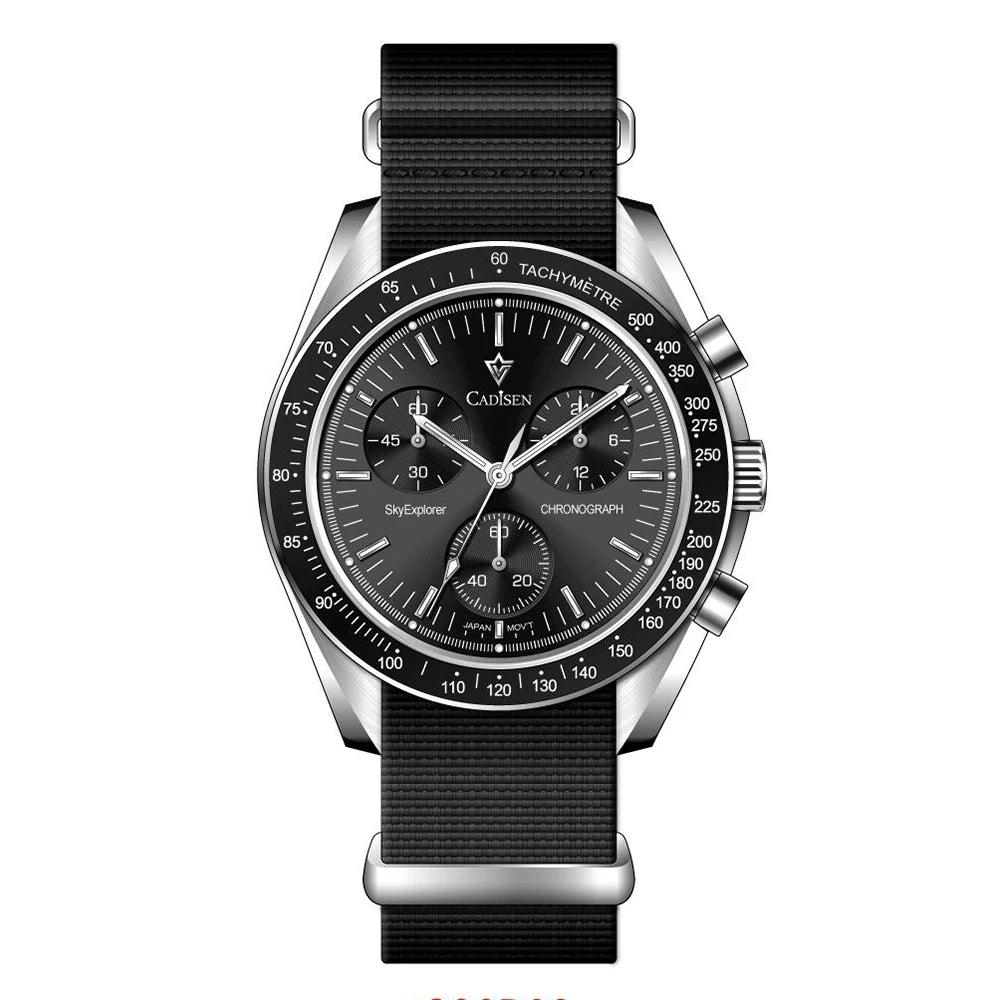 Luxury Quartz Men's Watch with Sapphire Crystal, Chronograph Function, Stainless Steel and Canvas Strap – 40mm, Water Resistant 50m