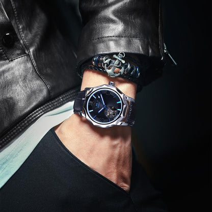 Luxury Skeleton Automatic Watch with Ocean-Inspired Blue Dial – Elegant Men's Timepiece