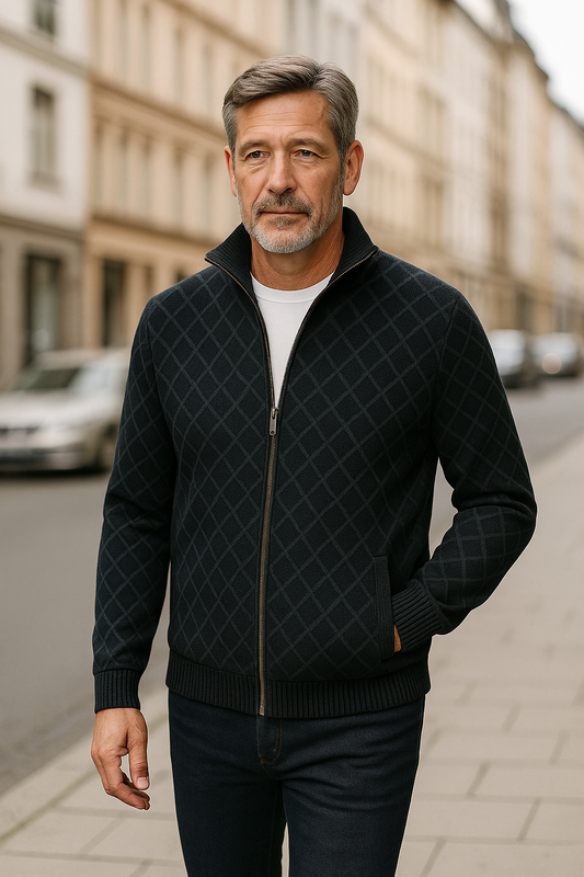 Men's Cardigan Grey Knit Subtle Check Pattern 0