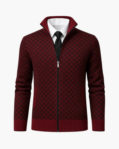 Men's Cardigan Grey Knit Subtle Check Pattern 2