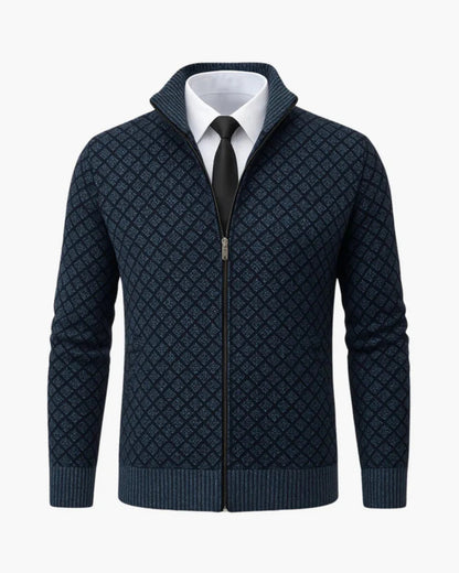 Men's Cardigan Grey Knit Subtle Check Pattern 4