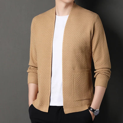 Men's Cardigan Grey Viscose Blend Hand-Knitted Waffle Texture