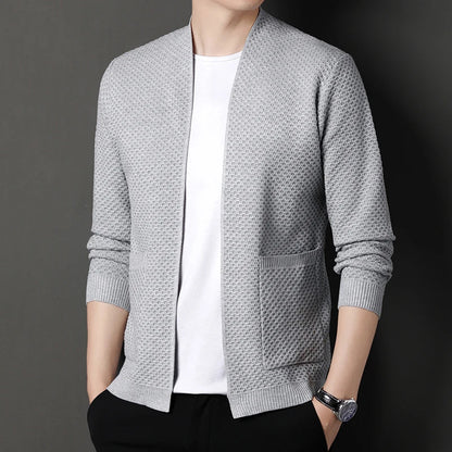 Men's Cardigan Grey Viscose Blend Hand-Knitted Waffle Texture