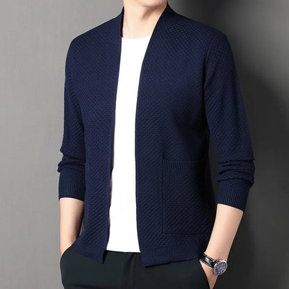 Men's Cardigan Grey Viscose Blend Hand-Knitted Waffle Texture