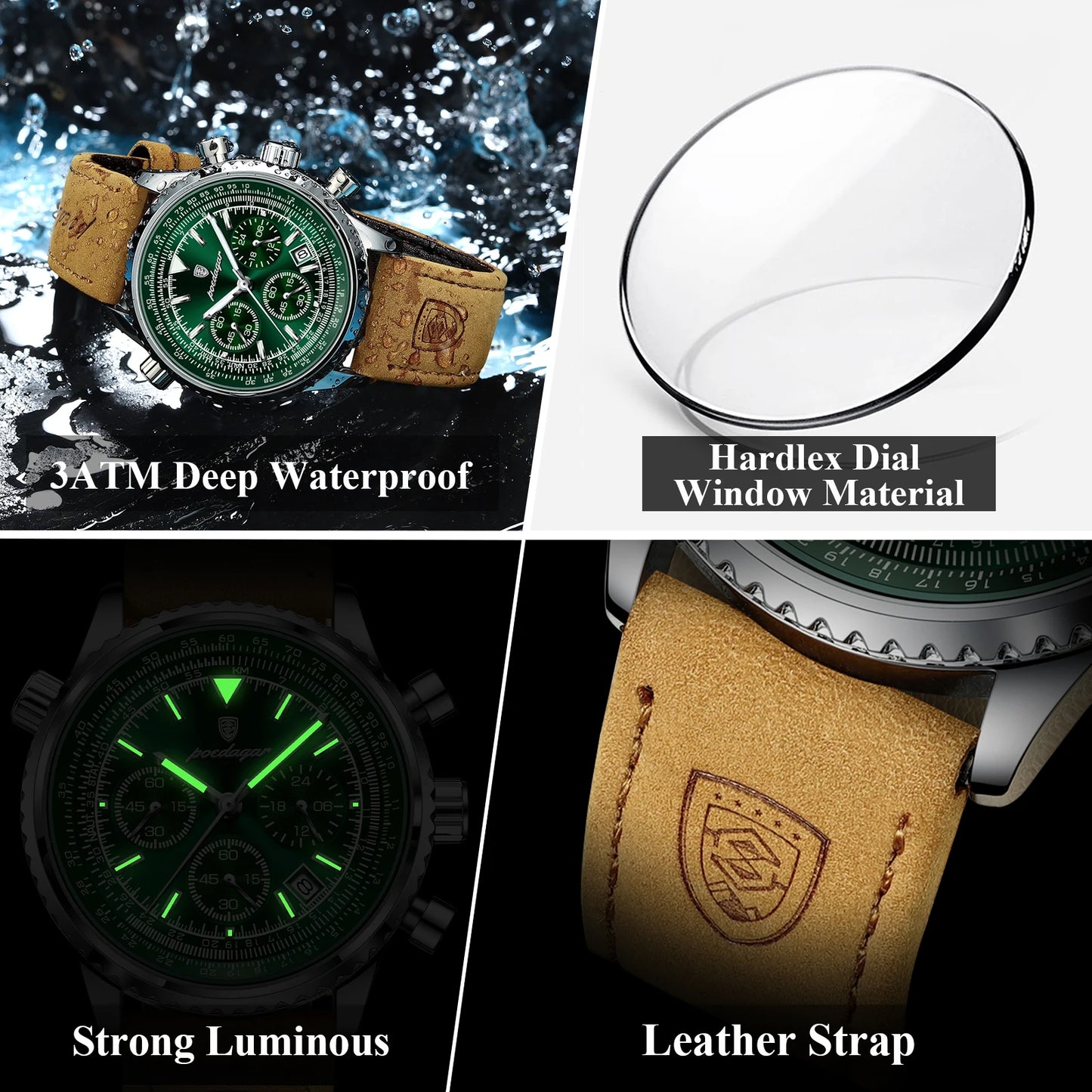 Men's Chronograph Watch Black Leather Waterproof Quartz