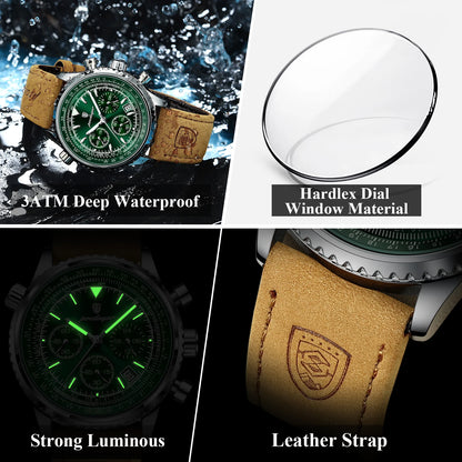 Men's Chronograph Watch Black Leather Waterproof Quartz