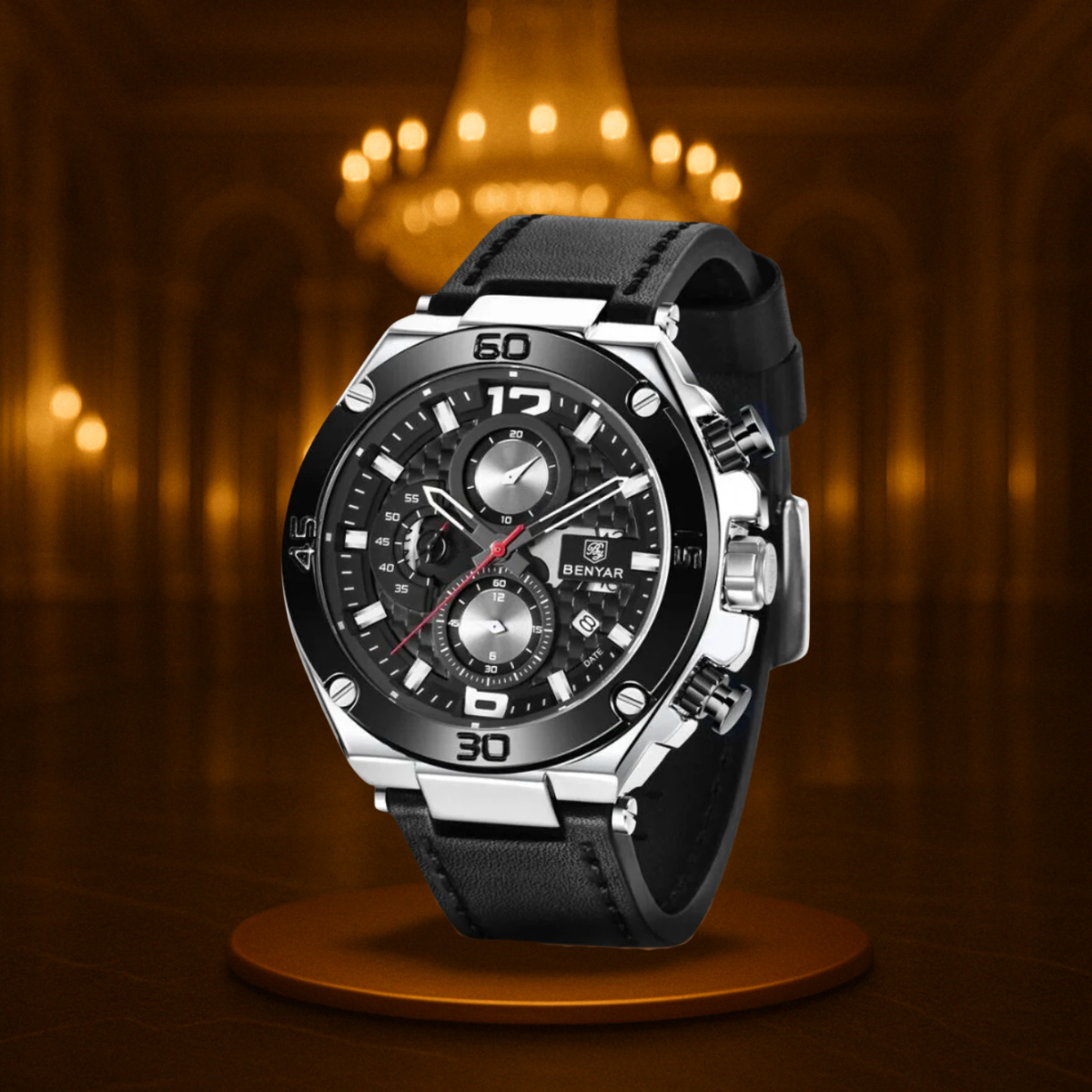 Men's Chronograph Watch Black Stainless Steel 45mm