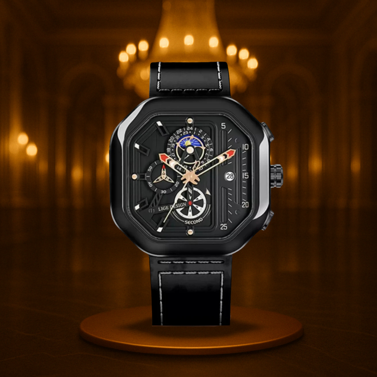 Men's Chronograph Watch Black Stainless Steel 45mm