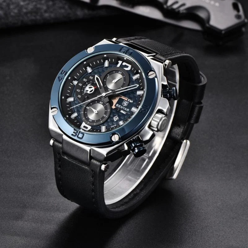Men's Chronograph Watch Black Stainless Steel 45mm