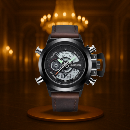 Men's Chronograph Watch Black Stainless Steel Dual Time 47mm