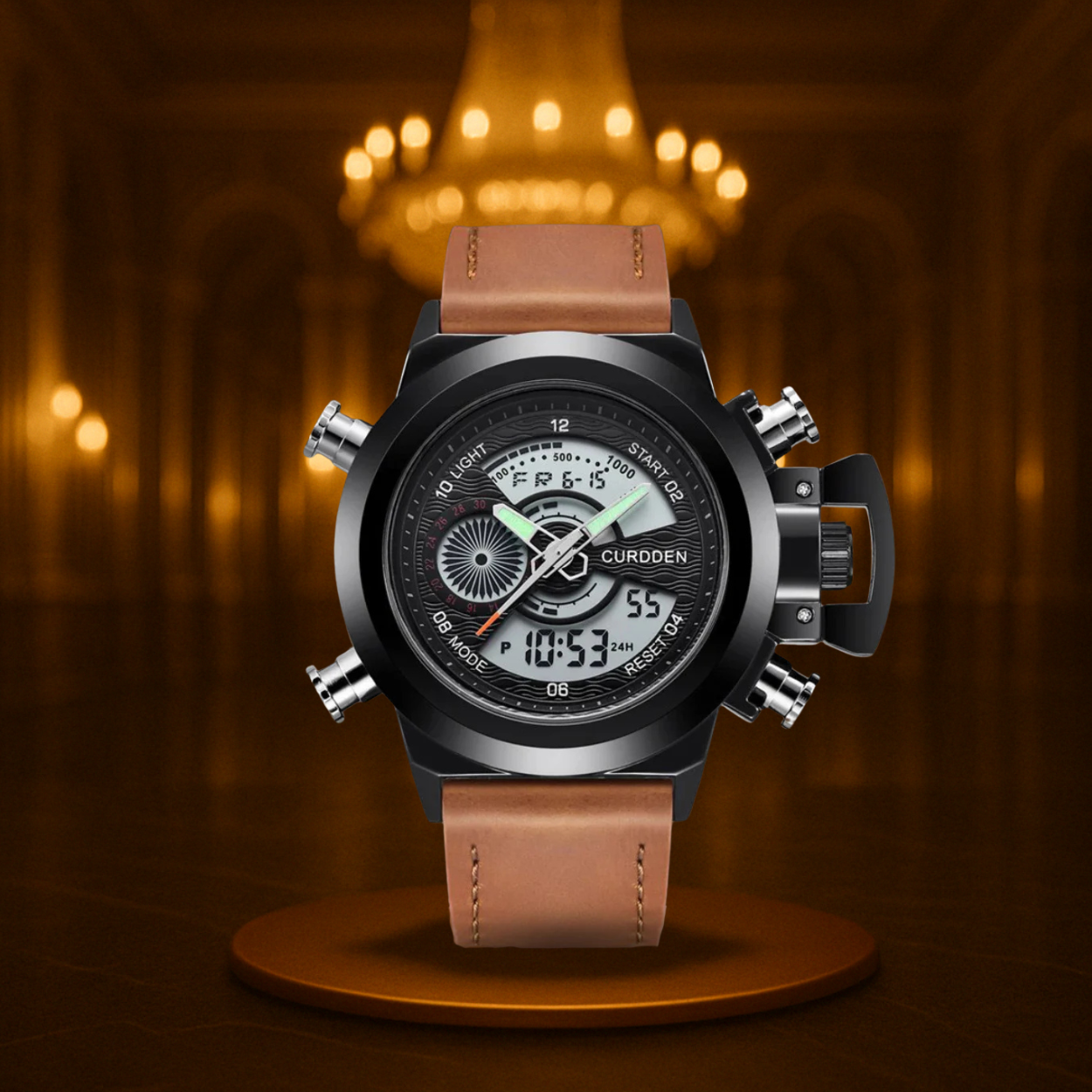 Men's Chronograph Watch Black Stainless Steel Dual Time 47mm