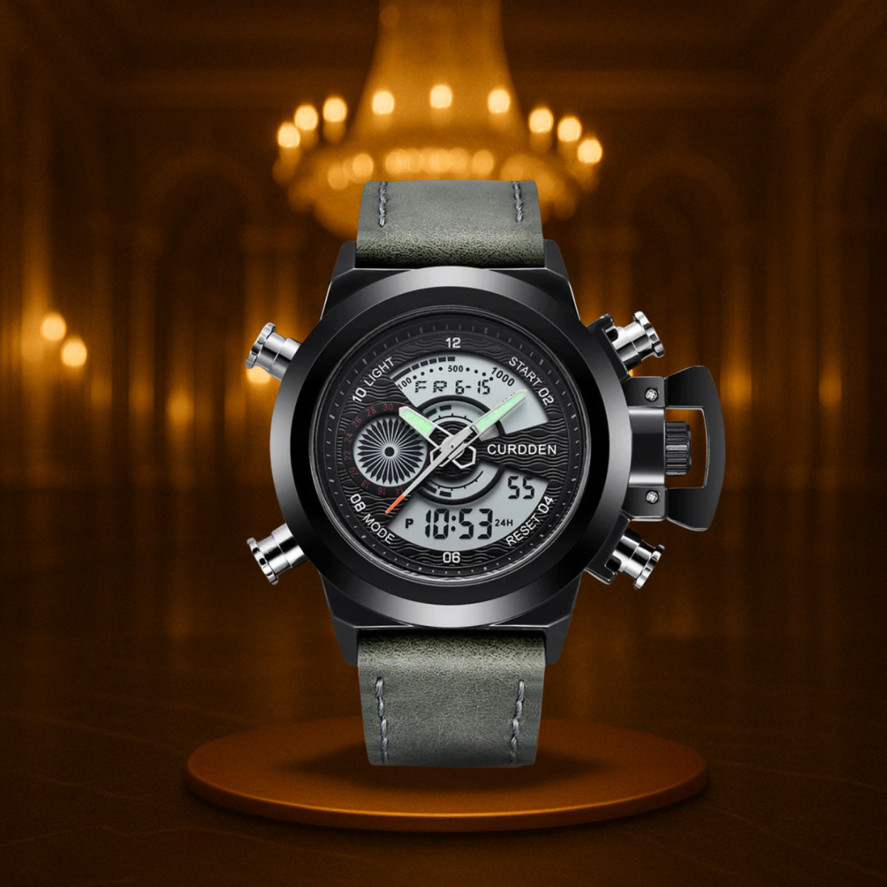 Men's Chronograph Watch Black Stainless Steel Dual Time 47mm