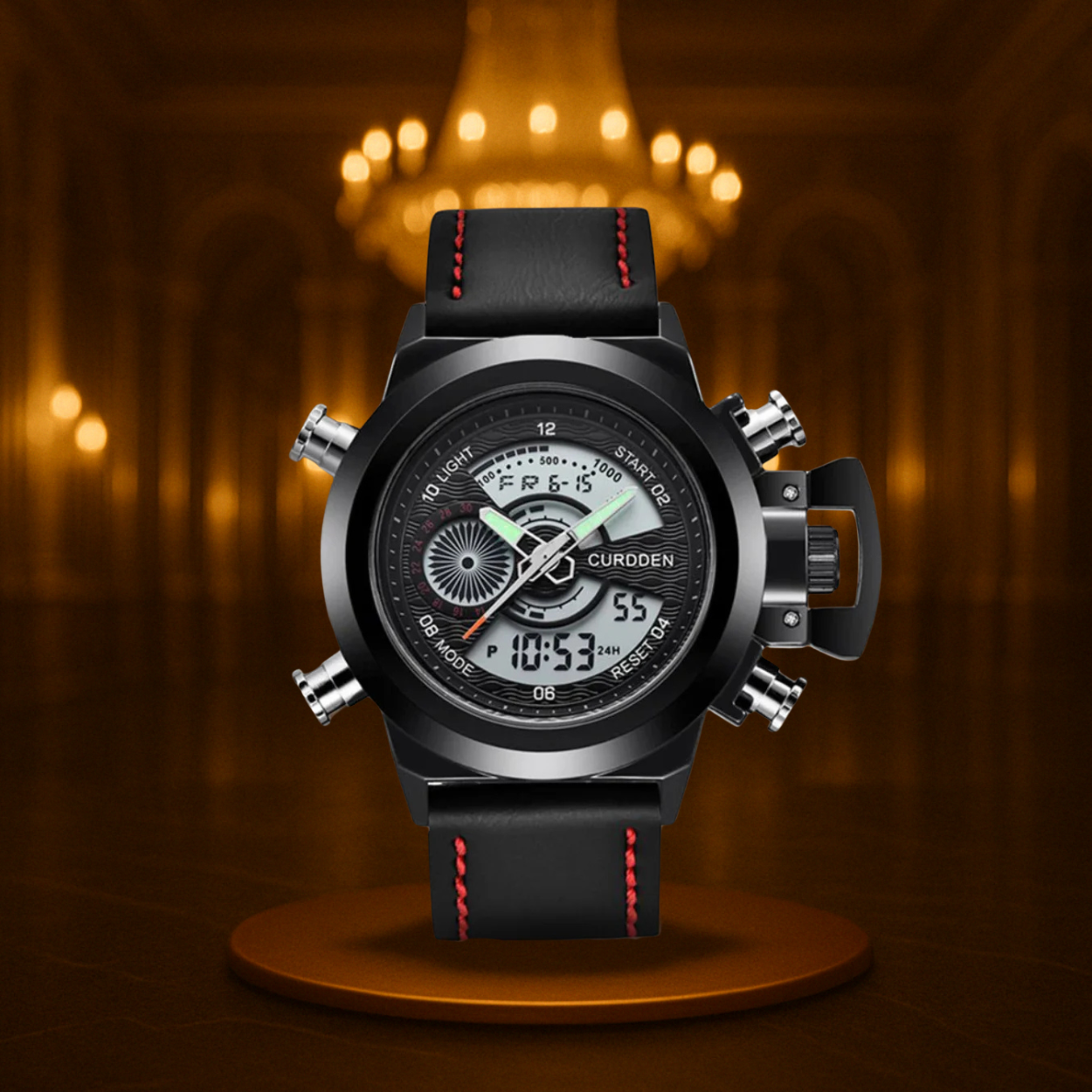 Men's Chronograph Watch Black Stainless Steel Dual Time 47mm