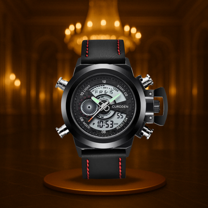 Men's Chronograph Watch Black Stainless Steel Dual Time 47mm