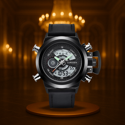 Men's Chronograph Watch Black Stainless Steel Dual Time 47mm