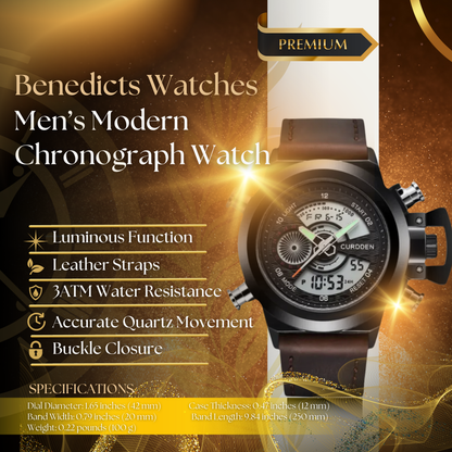 Men's Chronograph Watch Black Stainless Steel Dual Time 47mm