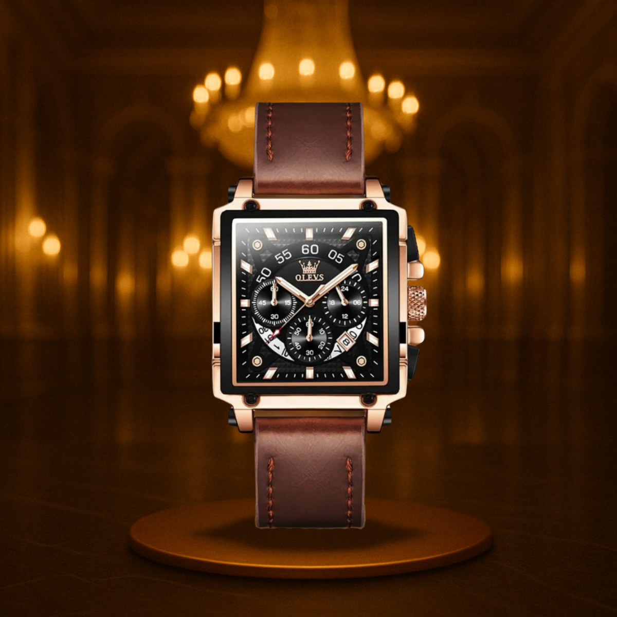 Men's Chronograph Watch Black Stainless Steel Square Dial