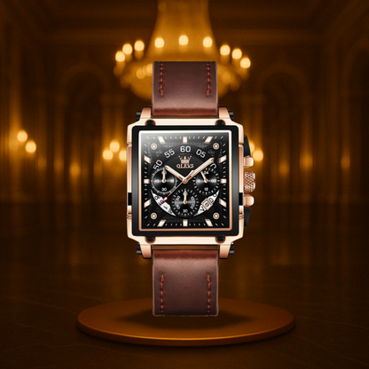 Men's Chronograph Watch Black Stainless Steel Square Dial