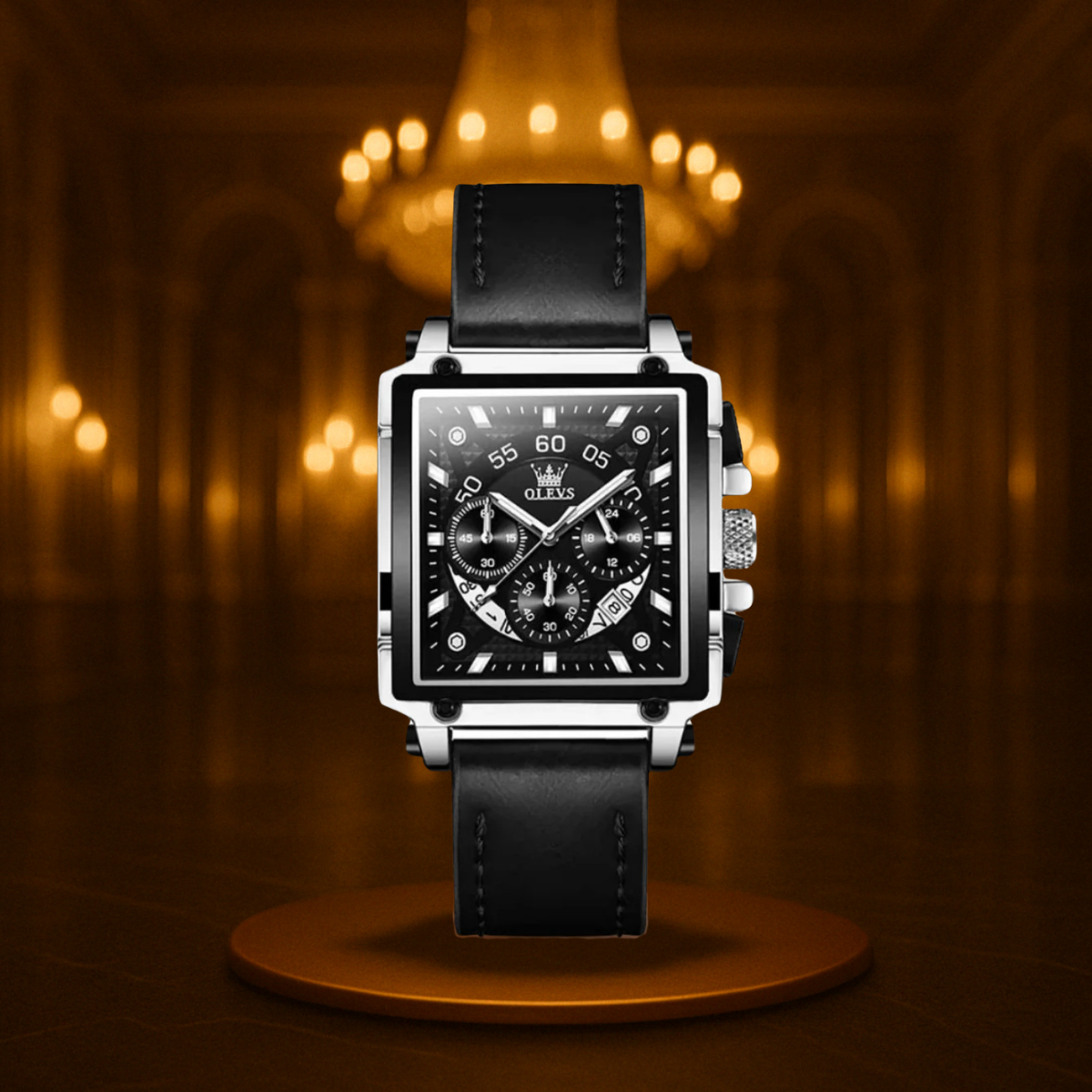 Men's Chronograph Watch Black Stainless Steel Square Dial