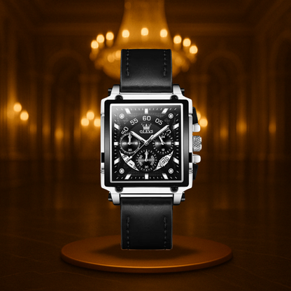 Men's Chronograph Watch Black Stainless Steel Square Dial