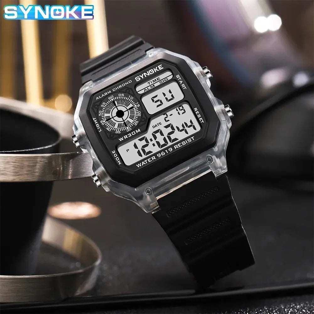 Men's Digital Sports Watch Black Rubber Waterproof Multifunctional
