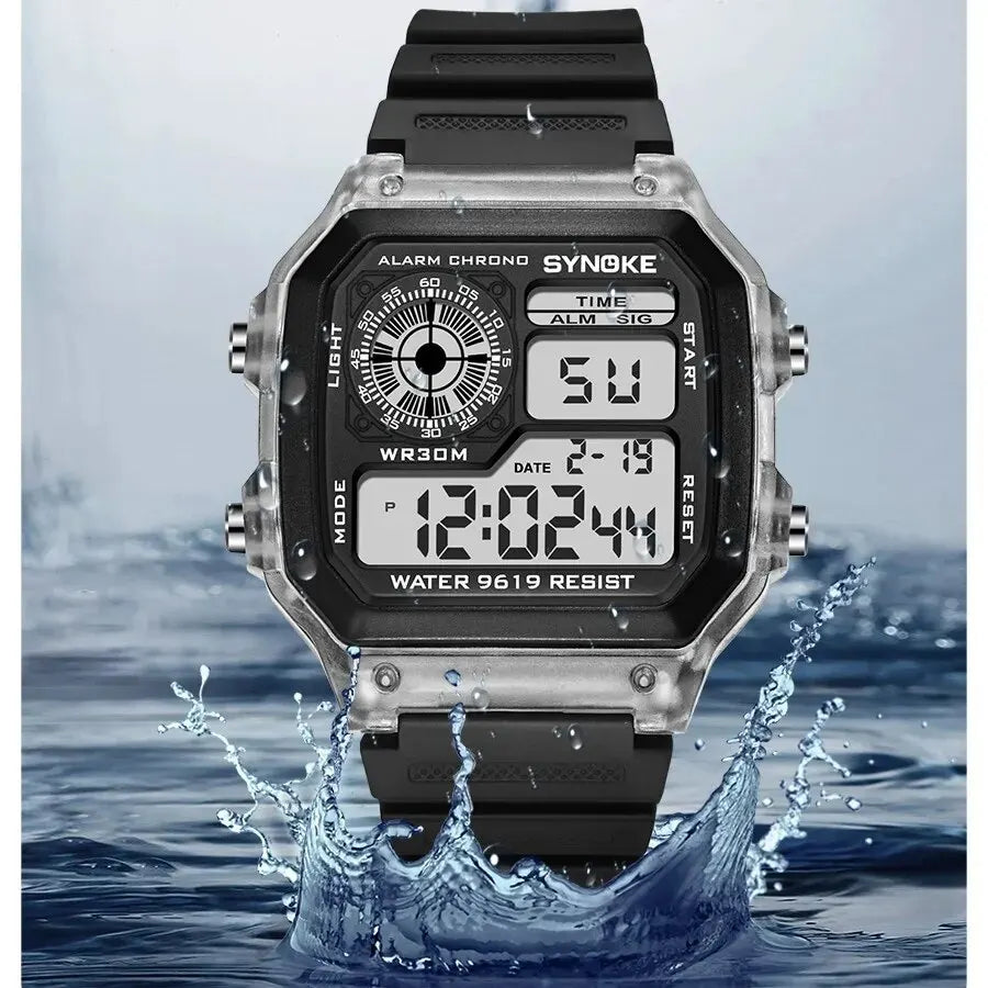 Men's Digital Sports Watch Black Rubber Waterproof Multifunctional