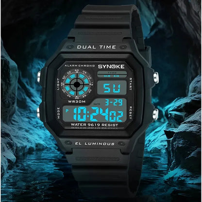 Men's Digital Sports Watch Black Rubber Waterproof Multifunctional