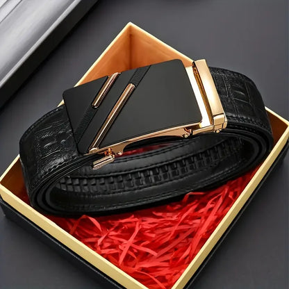 Men's Leather Belt Black Genuine Leather Automatic Buckle