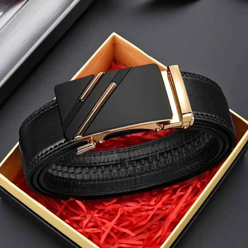 Men's Leather Belt Black Genuine Leather Automatic Buckle