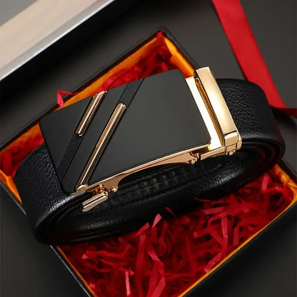 Men's Leather Belt Black Genuine Leather Automatic Buckle